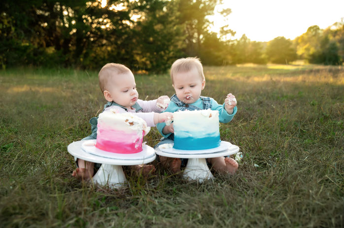 twin cake smash session with boy wearing blue and girl wearing pink at Erwin park in mckinney