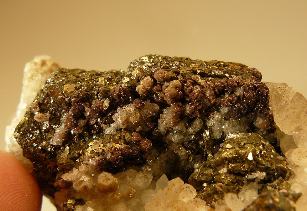 Thumbnail: Pyrite pseudo. after Pyrrhotite with Quartz and Rhodochrosite