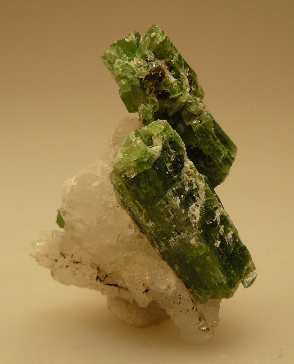 Thumbnail: Tremolite (variety Chromium), Quartz, and Phlogopite