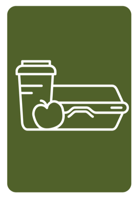 Dark green rectangle with the icon of lunchbox on it. 