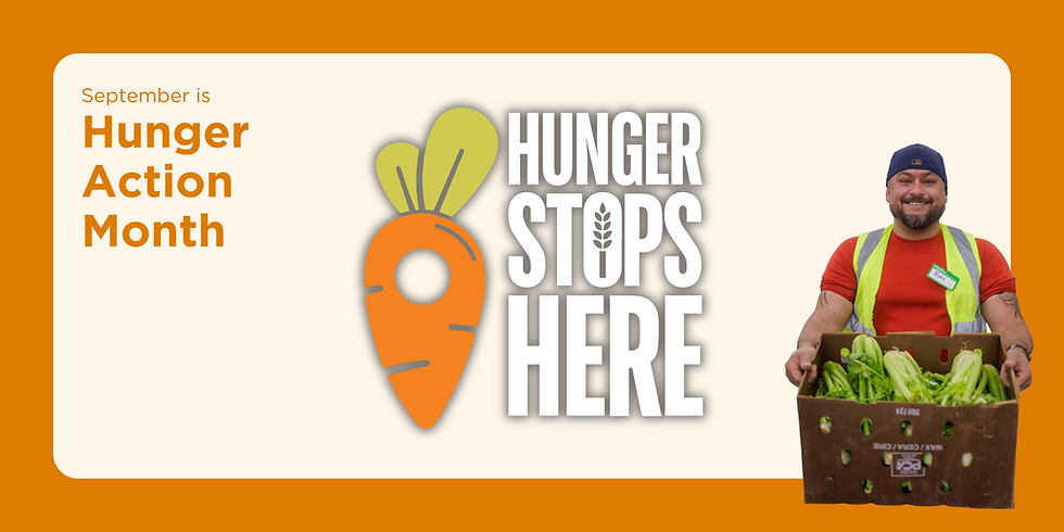 orange banner with food bank volunteer and text that reads," Hunger Stops Here."