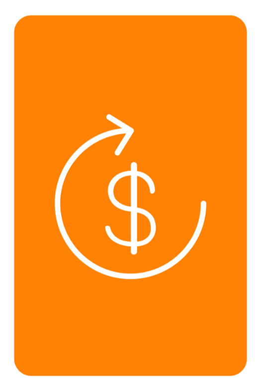 Orange rectangle with a money icon with a circle around it. 