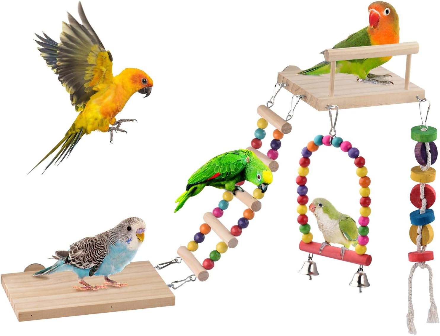 5In1 Bird Parakeet Toys, Detachable Birdie Perches Platform Swing with Climbing