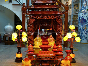 Bộ bàn thờ thần tài gỗ gụ màu óc chó mẫu tam cấp cột rồng 3D 3 mái Thái