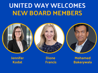 Blue United Way graphic welcoming new board members with portraits of Jennifer Kodat, Dione Francis, and Mohamed Bakerywala.