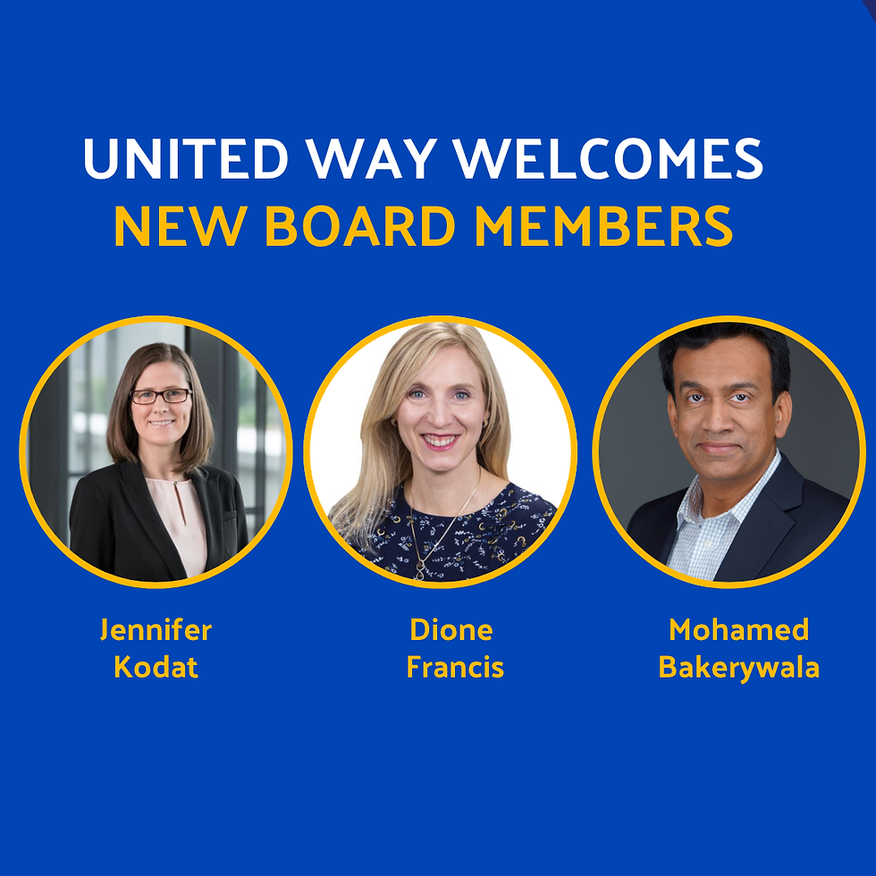 Blue United Way graphic welcoming new board members with portraits of Jennifer Kodat, Dione Francis, and Mohamed Bakerywala.