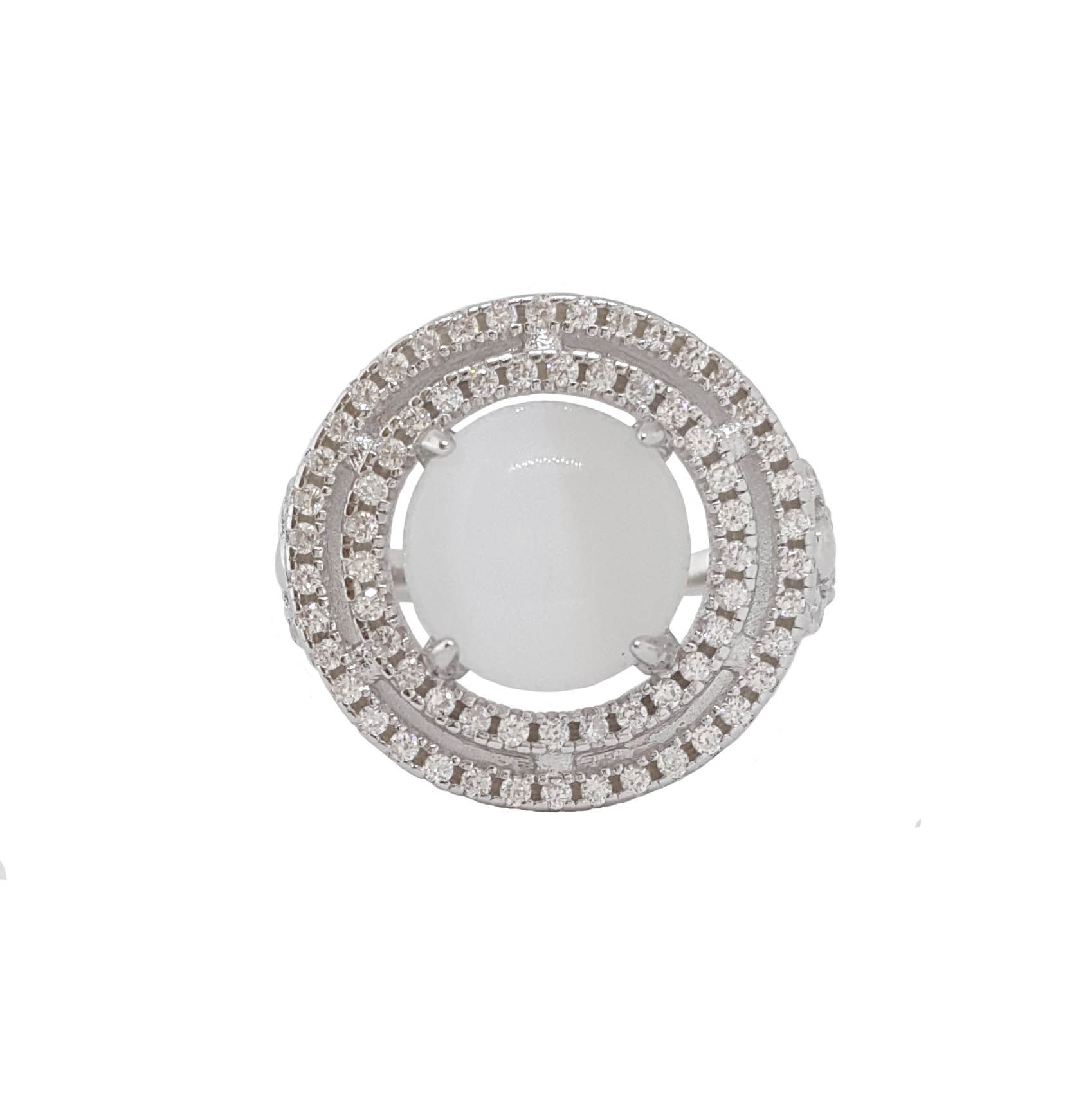 Simulated White Moonstone and CZ Ring in 925 Sterling Silver- Size 6.75