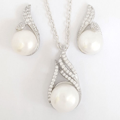 CZ and Pearl Pendant and Earring set in 925 Sterling Silver