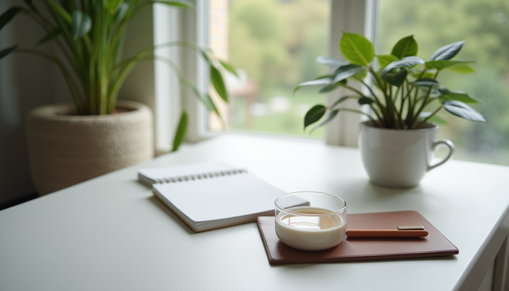 Vista de ángulo alto de un escritorio con una taza de té, una libreta y una planta, creando un ambiente relajante