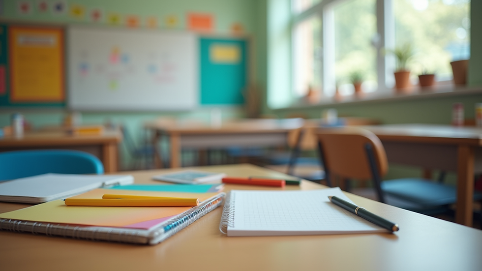 Close-up view of a colorful classroom with educational materials