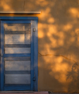 A close-up image of the entrance of the Rojas House, a light blue door with a screen in front of it and a yellow stucco wall. The wall and door are cast with dappled sunlight shining through leaves.