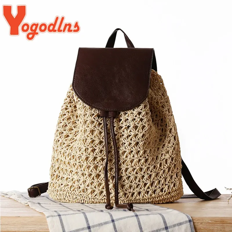 Yogodlns straw backpack with brown flap