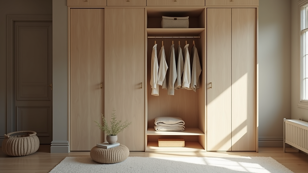 Eye-level view of a neatly organized minimalist wardrobe