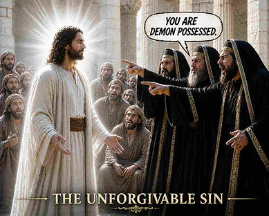 Titled: "The Unforgivable Sin"
Depicting: Jesus filled with the Holy Spirit with people around. And the Pharisees pointing at Him and saying: "You are demon-possessed."
