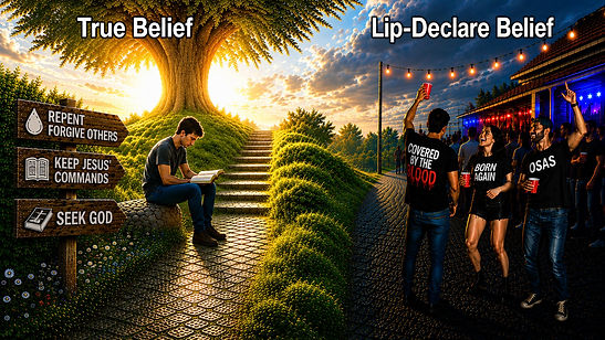 Split image. Left panel titled "True Belief": a young man studies the Bible in a peaceful setting full of life. Right panel titled "Do-Nothing Belief": young people are partying while wearing shirts labeled "Born Again," "Covered by the Blood," and "OSAS."