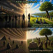 Four-quadrant-split image.
Upper half: Depicting left to right, people walking out of the darkness and into the light with beautiful life setting. And a cross in the middle with Jesus on it. Titled: New Covenant - ... faith by hearing, Romans 10:17.
Lower half: Depicting left-side, people who don't know God in the darkness. And on the right, people in lively beautiful place, presenting sacrifices to God and saved - ... land of the living, Ezekiel 32:32.