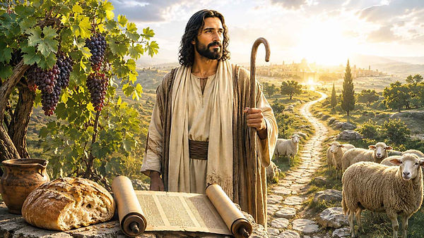 Depicting Jesus (a darker middle Eastern man) in an outdoor setting and showing the many things He represents - Word, vine, shepherd, bread, way.