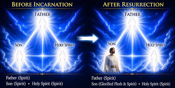 Split illustration summarizing Scripture before and after the incarnation of Christ. The left side depicts the Father, Son, and Holy Spirit as glorious Spirit, while the right side shows the Father and Holy Spirit as Spirit and the risen Jesus Christ as glorified in human form after His resurrection.
Note: The lapis lazuli theme is because it is God's color, Exodus 24:10
