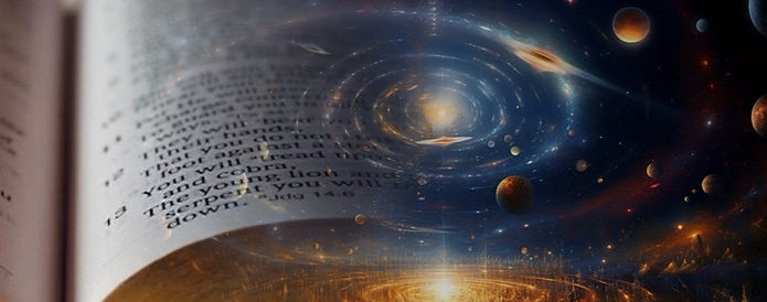 Showing a blended image of an open Bible book and outer space and stars.