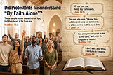 Showing a protestant church with people waving arms and closed eyes.
Image Title: Did Protestants Misunderstand “By Faith Alone”?
And showing Bible verses that contradict their theology, example:
THESE PEOPLE HONOR ME WITH THEIR LIPS,
BUT THEIR HEART IS FAR FROM ME.
— Matthew 15:8