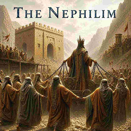 Titled: The Nephilim
Depicting B.C. times view of a tyrant with a dozen slaves chained together. And he's pulling them in public.
