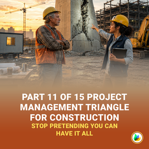 Gritty cinematic photograph of a construction site at dusk. Two construction workers—an older man in an orange vest and a younger woman in a blue vest—stand in the foreground, staring with tense expressions at a massive, three-sided concrete obelisk that is visibly cracked and crumbling on one face, while the other two faces remain solid in golden sunset light.