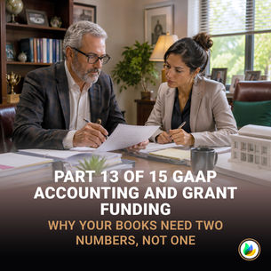 Two public agency professionals review financial records in a school district administrator's office for Part 13 of 15, "GAAP Accounting and Grant Funding: Why Your Books Need Two Numbers, Not One." They compare two organized sets of project documents on a balance scale while architectural plans, binders, a calculator, and construction-related materials surround the workspace, symbolizing the importance of tracking total project costs under GAAP separately from grant-allowable costs to support accurate accounting, grant compliance, and audit readiness.