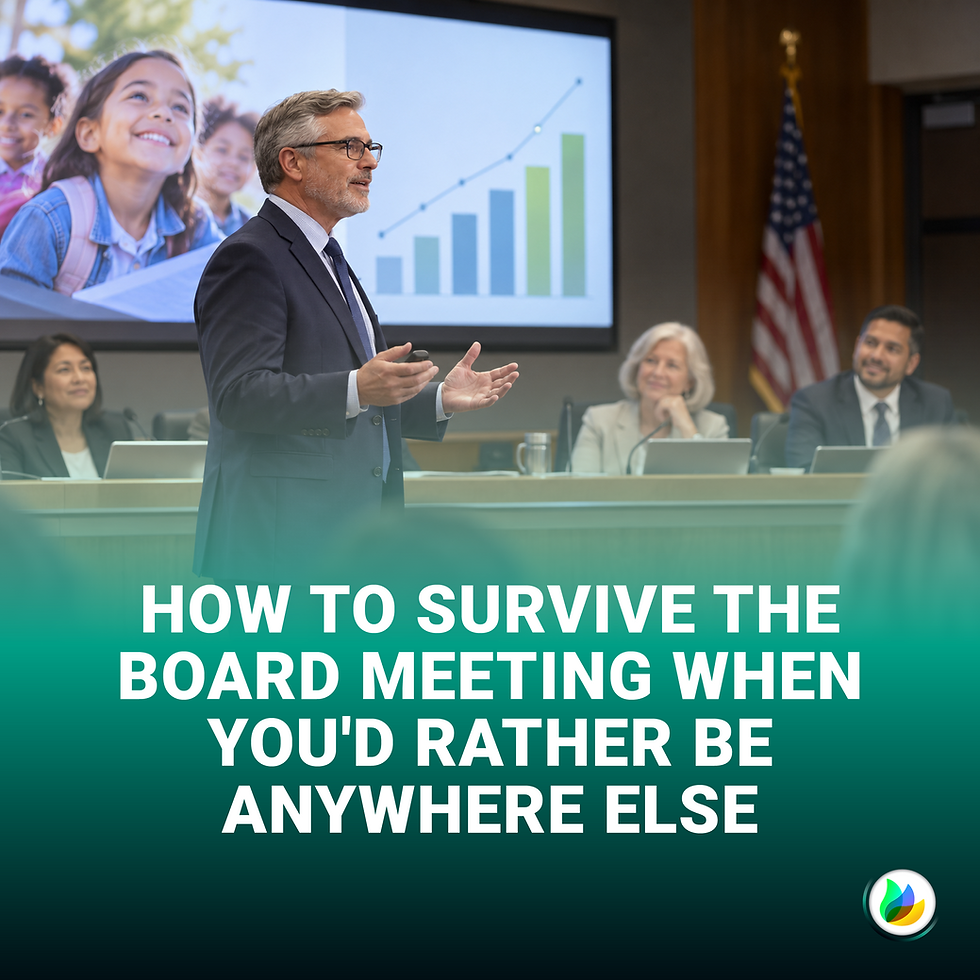 A man in a dark suit, light blue shirt, and glasses stands in the foreground, gesturing with his hands as he presents to an audience. He holds a small black presentation clicker. Behind him, a large screen displays a presentation slide featuring a rising bar chart with a trend line on the right and a photo of smiling school children on the left.