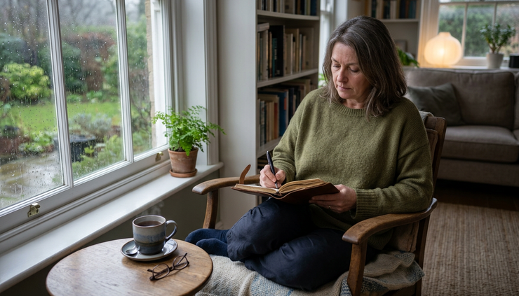 Eye-level view of an adult writing in a journal beside a rainy window