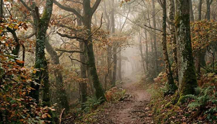 Long shot view of a woodland path in gentle morning light
