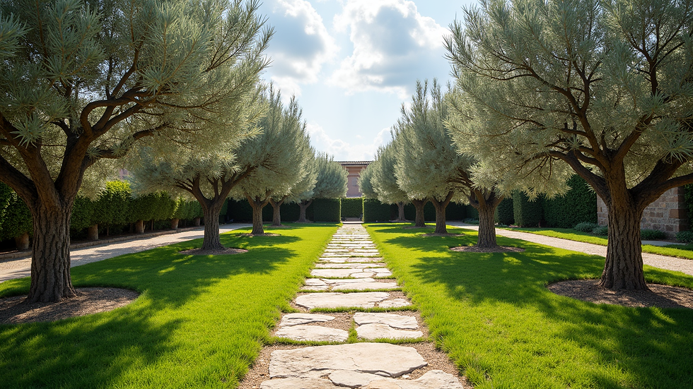 Wide angle view of a peaceful garden with olive trees and stone pathways