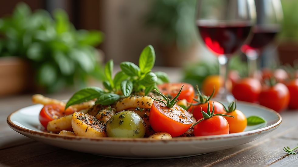 Close-up view of a traditional Italian meal with fresh vegetables and wine