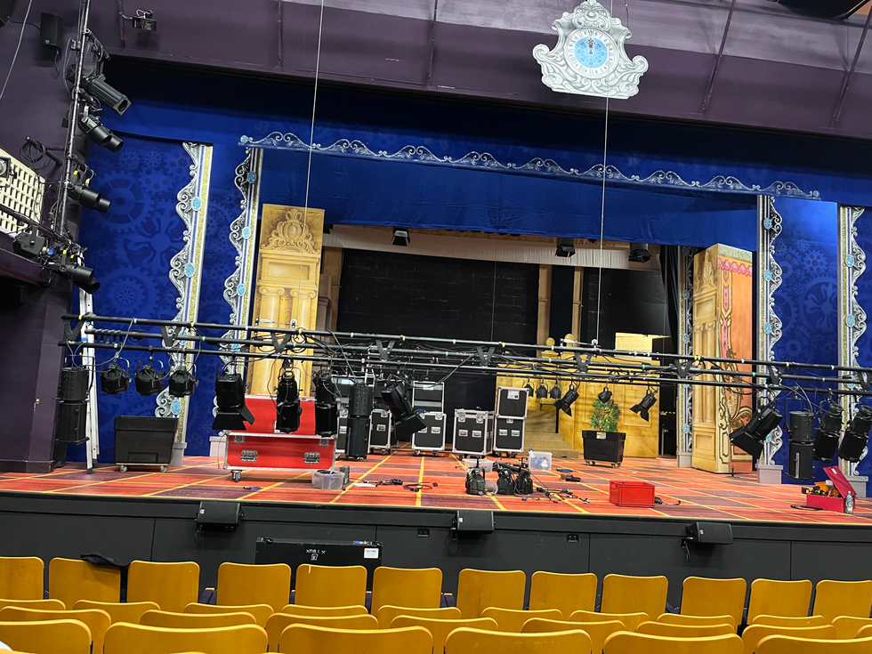 A photo of the stage during the fit-up of the production