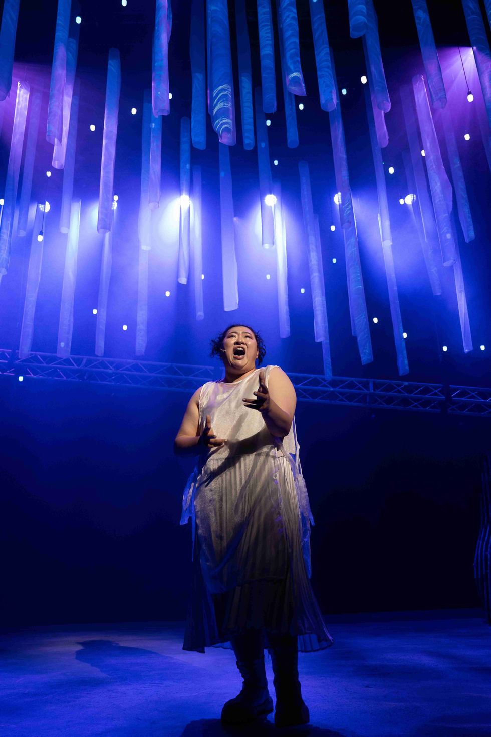 A production photo of the lead actress standing and singing alone on stage.