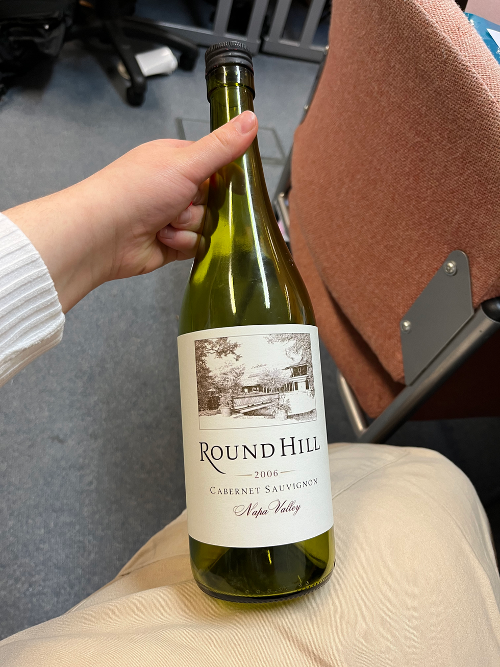 A close-up of a wine bottle I sourced and covered.