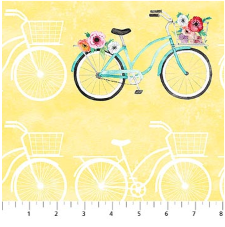 yellow background with blue bike