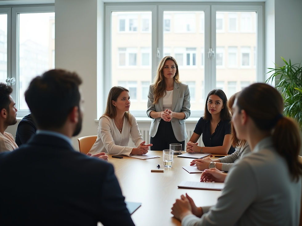 Female SME business consultant advises a team