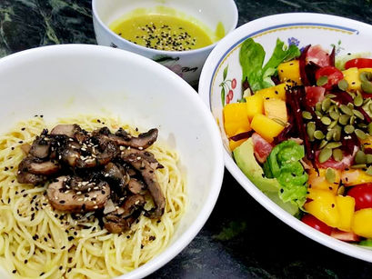 Homemade Guacamole Salad Sauce & Angel Hair Spaghetti with Mini Portabello Mushrooms