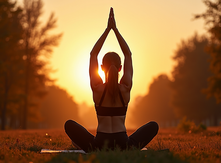A person-doing-yoga-outdoors-at-sunset-with-fall-foliage-in-the-background, showing-health