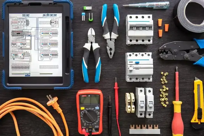 Organized Electrical Tools Kit: pliers, multimeter, circuit breakers, wiring diagram.