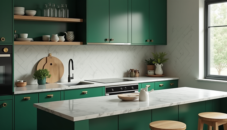 Close-up view of a kitchen with emerald green cabinets and brass hardware