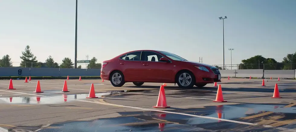 Red car navigating cones on wet asphalt