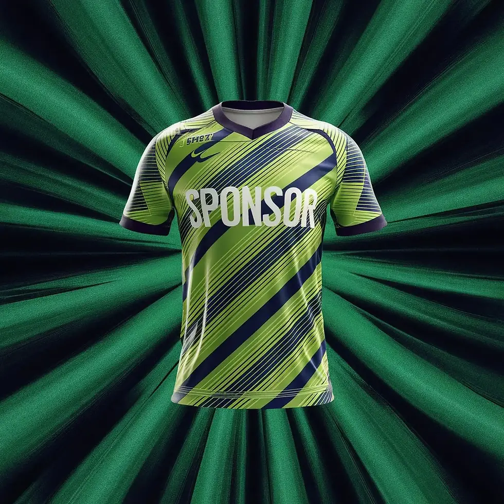 Green and yellow jersey with "SPONSOR" across chest, graphic background.