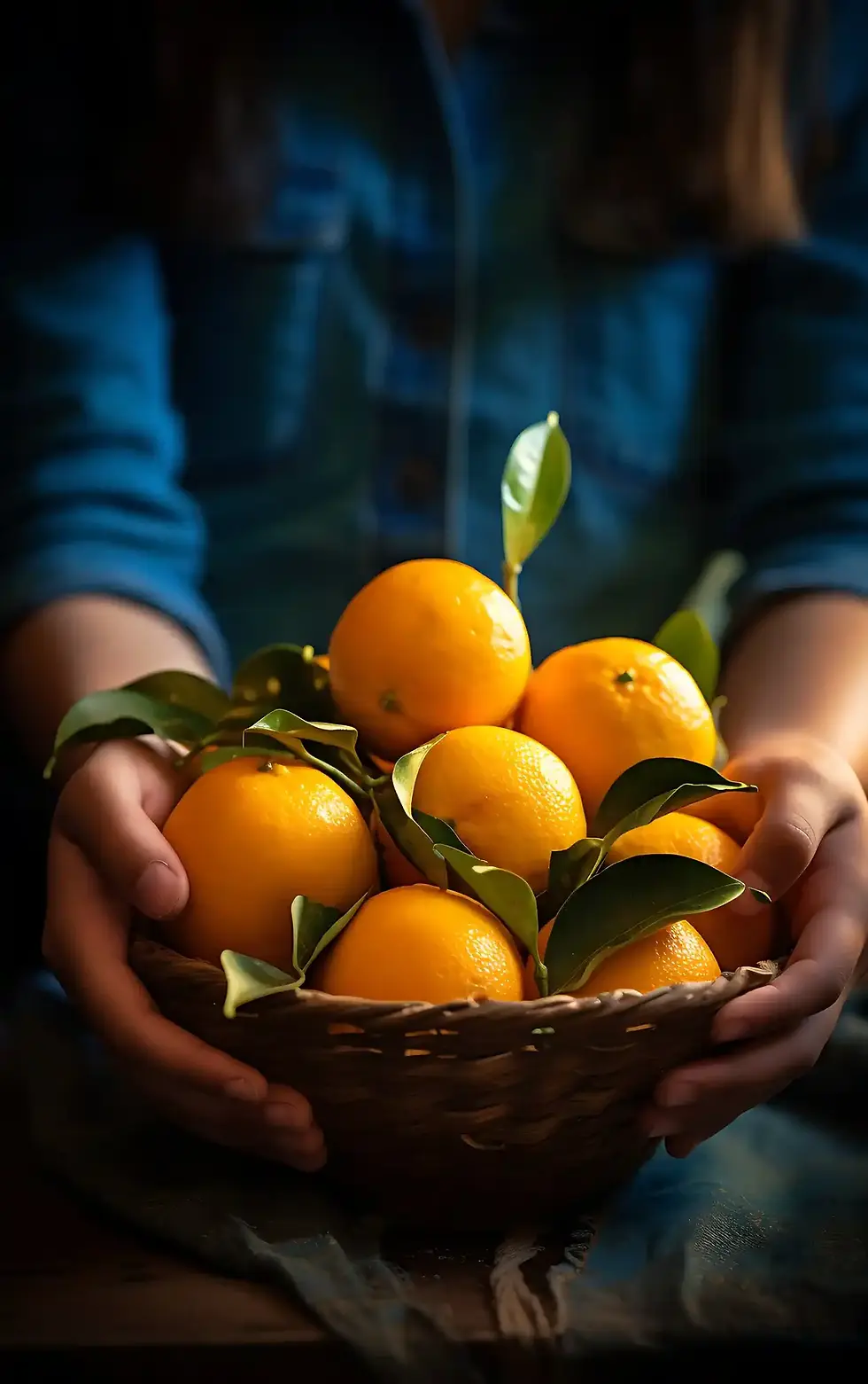 Person holding basket of fresh oranges