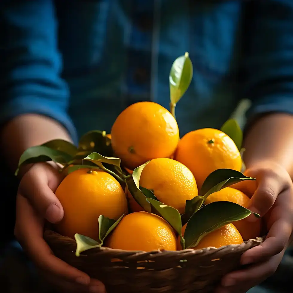 Person holding basket of fresh oranges