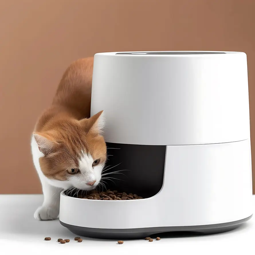 Cat eating from automatic pet feeder