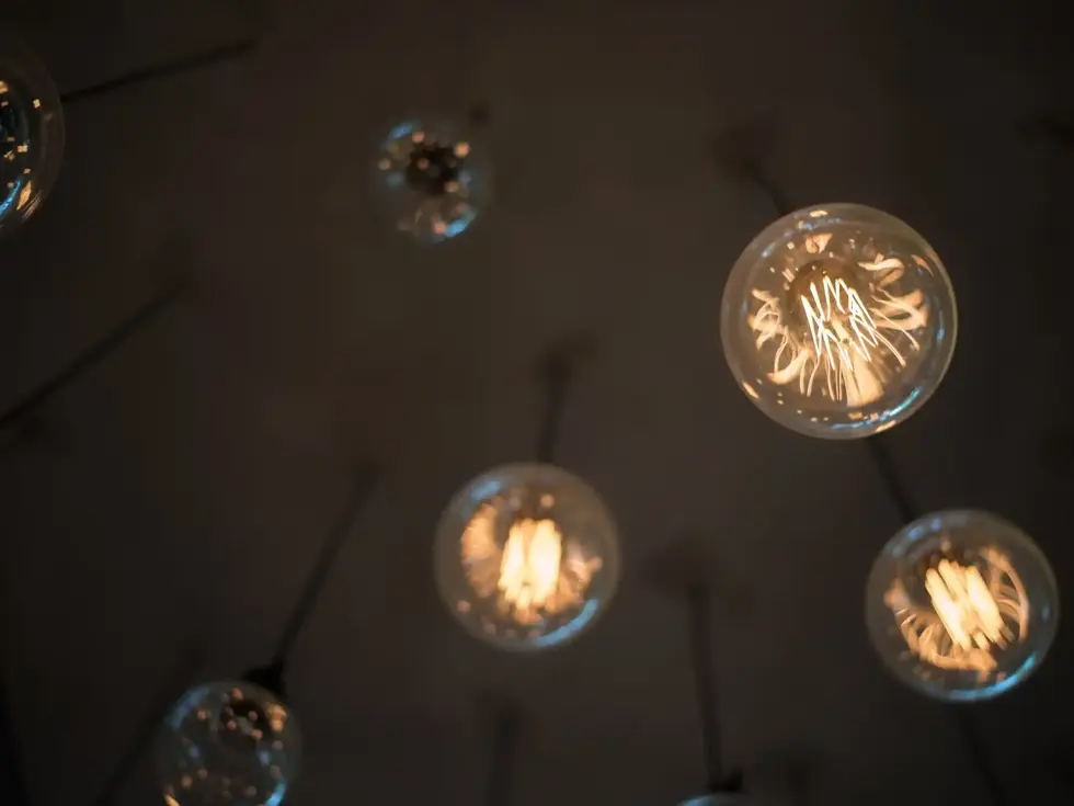 Multiple spherical Edison-style light bulbs hang illuminated from a dark ceiling.
