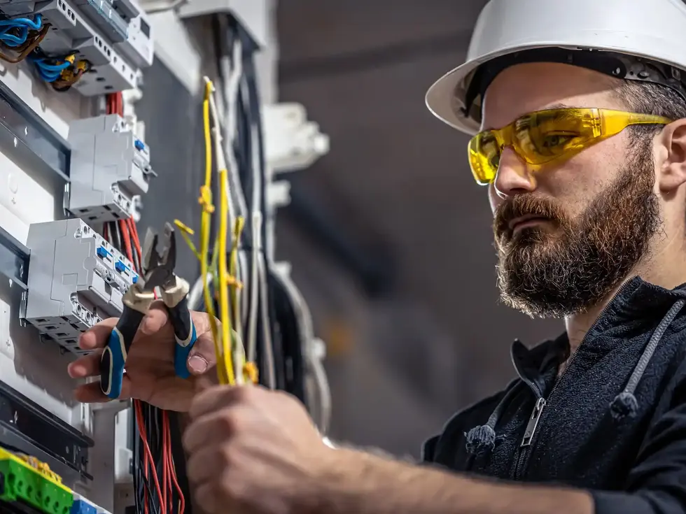 Focused electrician in safety glasses wiring an electrical circuit panel.