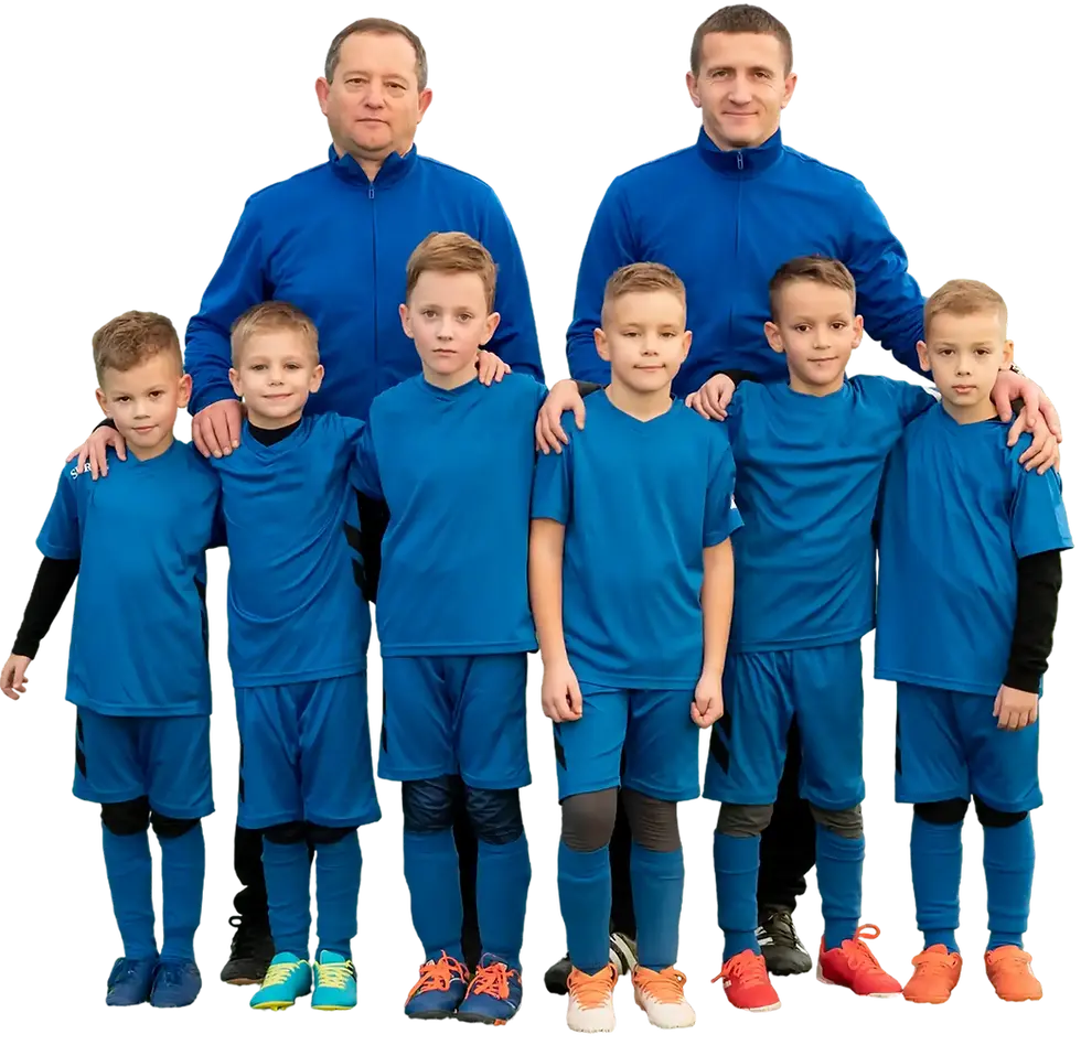 Youth soccer team, two adults, six boys, blue uniforms, posing for group photo.