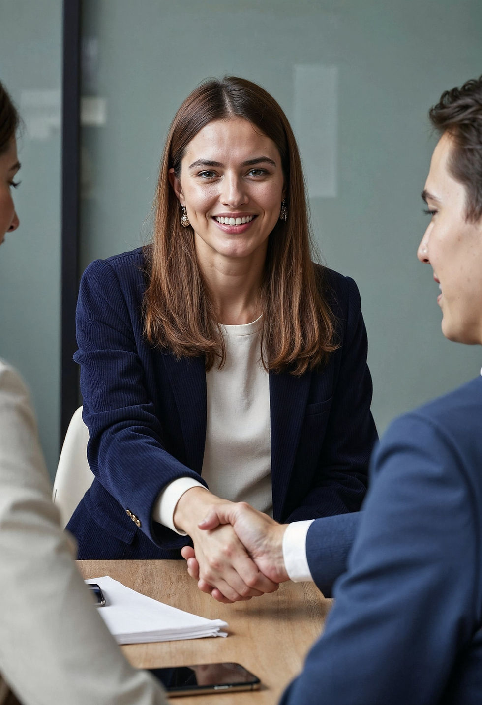 Smiling businesswoman shaking hands, sealing a deal